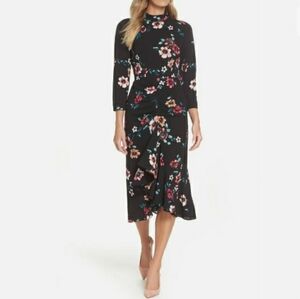 ELIZA J Floral Midi Dress Size 18 Black Pink Modest High Neck Ruffle Cocktail